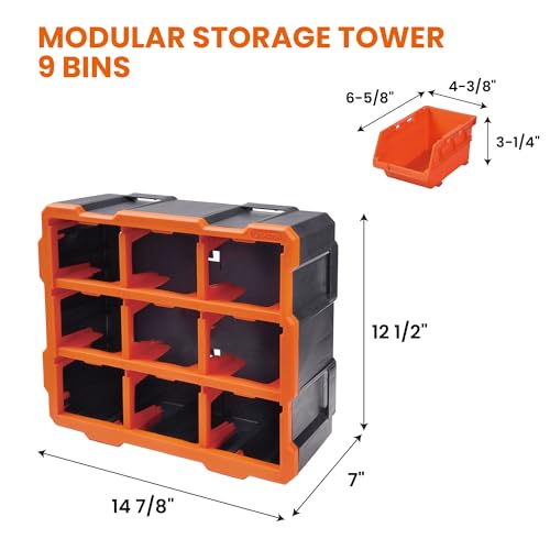 Tactix Modular Storage Tower Cabinet, Black & Orange, Polypropylene, 9 Removable Bins, Wall Mount, 12.5x6.6x14.9 Inches, Garage Workshop