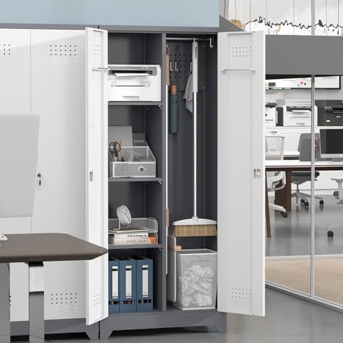 IRONFFICE Metal Garage Storage Cabinets,Broom Closet Storage Cabinet with Doors and Shelves,Tall Utility Closet Cabinet with Pegboard,Laundry Cabinet for Garage,Warehouse,Home,Basement,Grey-White