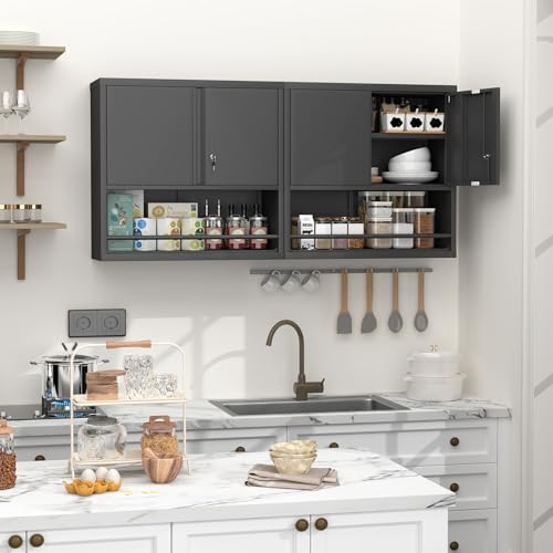 GREATMEET Locking Wall Mounted Garage Cabinet, Black Metal Steel Hanging Storage Cabinets, Lockable Tool Cabinet for Garage Shop, Floating Wall Mount Cabinet