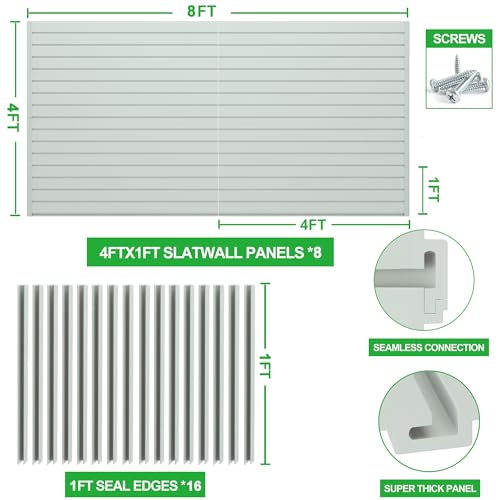 RELIANCER PVC Slat Wall Panels,4ft by 8ft (32 sqft) Garage Wall Organizer Storage System,Interlocking Slatwall Paneling Sheets,Workshop Slatwall Shelves Tools Organization,Wall Mounted Storage Rack