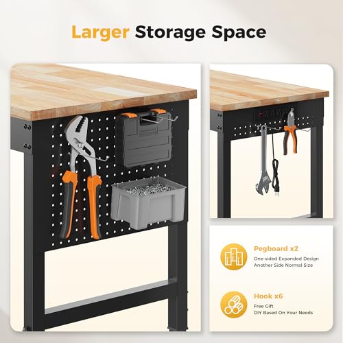 CAMMOO 60" Adjustable Heavy Duty Workbench, 2000 LBS Load Capacity Rubber Wood Work Table with Pegboard, Power Outlets, Work Bench for Garage, Workshop, Office, Home, Commercial