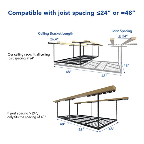 FLEXIMOUNTS Pro 4x8 Overhead Garage Storage Rack,Adjustable Storage Organization System, Heavy Duty Metal Ceiling Storage Racks, 800lbs Weight Capacity, Black, Pro Series