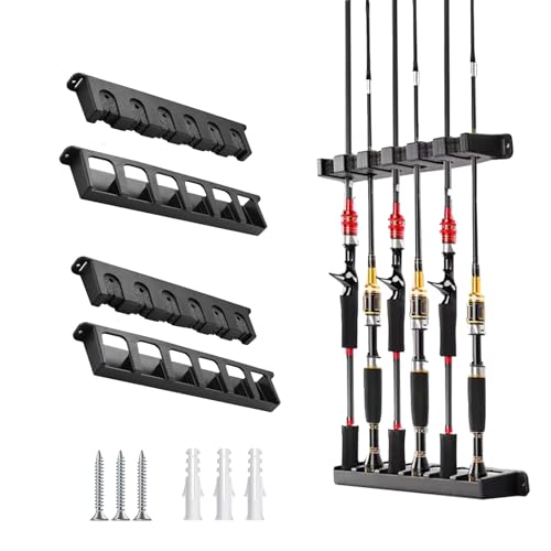 Tcakelox 2 Packs Fishing Rod Holder for Garage Vertical Wall-Mounted Stores 12 Rods or Combos Fits Most Rod Diameters (Vertical Black, 2 Pair 12 Rods)