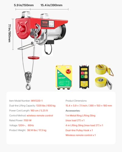 VEVOR 1320lbs Wireless Electric Hoist, 1150W 110V Electric Steel Wire Winch with Wireless Remote Control, 40ft Single Cable Lifting Height & Motor, for Garage Warehouse Factory
