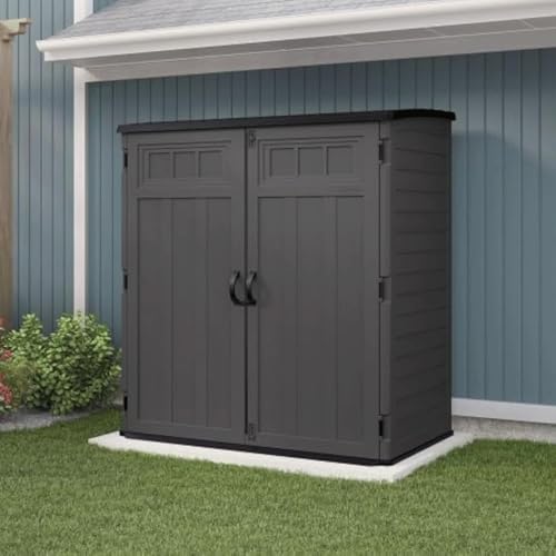 Suncast 106 Cubic Foot Extra Large Vertical Shed Outdoor Waterproof Resin Storage Cabinet with Doors for Patio, Garage, Garden, and Tools, Peppercorn