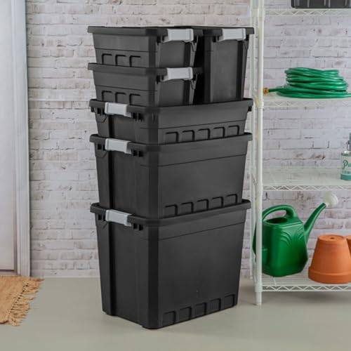 Sterilite 6-Pack Stacker Tote, Stackable Plastic Storage Bins with Lids, 4 Gallon, Black - Small Organizer Bin Containers for Bed, Garage, Office, Kitchen, and Classroom Organization