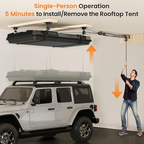 Pacikwest Garage Ceiling Storage Lift System Roof Top Tent Hoist, Heavy Duty Overhead Pulley System for Garage Storage Rack, 4-Point Lift 250lb Capacity, Adjustable Straps Fits 8-16ft Ceiling