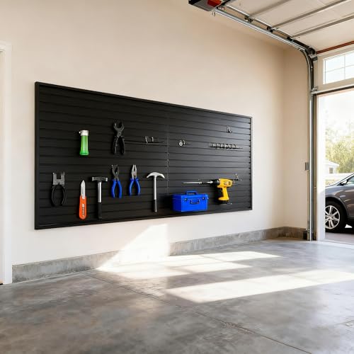 Yuzzy Slat Wall Paneling 4 x 8ft, Garage Slatwall Panel Wall Storage Systems, Heavy Duty PVC Garage Wall Organization (Black)
