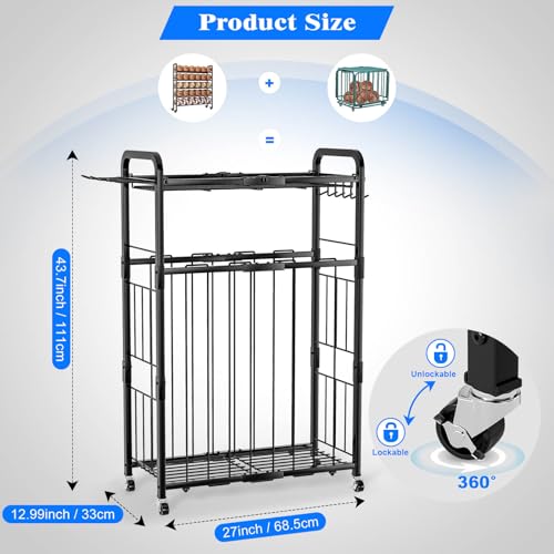 YIWANFW Garage Ball Storage Rack - Sports Equipment Organizer with Wheels, Rolling Sports Ball Cart with Elastic Rope, Outdoor Ball Holder for Basketball Soccer Volleyball Football, Garage Toy Storage