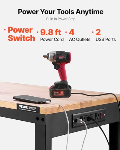VEVOR Adjustable Workbench, 2000 lbs Capacity, 61 x 20-inch Heavy Duty Work Bench with 27.1-36 Inches Height Adjustment, Garage Workbench with Power Outlets, Suitable for Office, Garage, Workshop