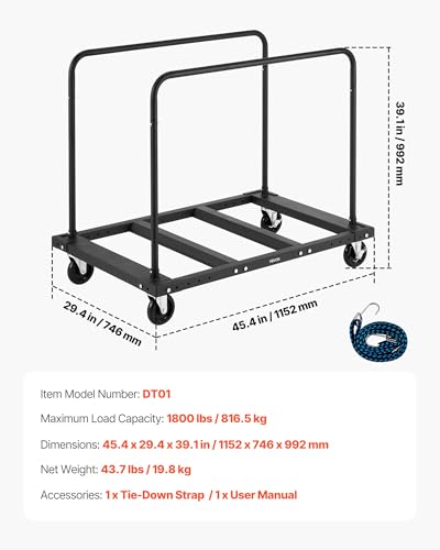 VEVOR Folding Table Cart, 1800LBS Heavy Duty Table Trolley with 5" Swivel Wheels, Drywall Dolly for Garage, Home, Warehouse, Party Event Hotel Furniture 10 Table Capacity, Black