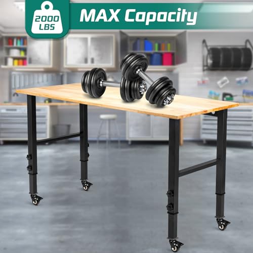 OLBRUS 48 "Adjustable Wheels Workbench, Heavy Duty 2000 LBS Load Capacity Hardwood Workbench Suitable for Workshop, Office, Garage, Home (Metal Wheels丨No Power Outlets 48"x24")