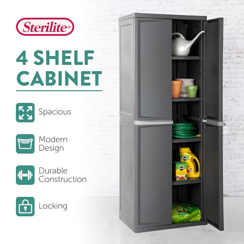 Sterilite 2-Pack 4 Shelf Cabinet, Lockable Utility Storage w/Adjustable Shelves, Gray - Plastic Shelving Unit for Organizing Garage, Pantry, Basement, Laundry Room or Mudroom