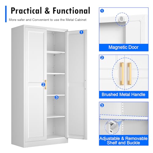 Polup White Kitchen Pantry Cabinet, 71 Inch Tall Metal Storage Cabinet with Doors and Shelves, Pantry Cabinets for Kitchen Storage, Freestanding Cupboard for Living, Dining Room, Assemble Required