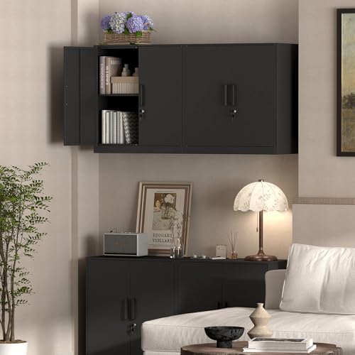 IRONFFICE Metal Wall Cabinet,Garage Cabinet with Handle,Lockable Storage Cabinets Wall Mounted with 2 Doors,Locking Cabinet with Shelves for Basement,Office,Living Home,Black