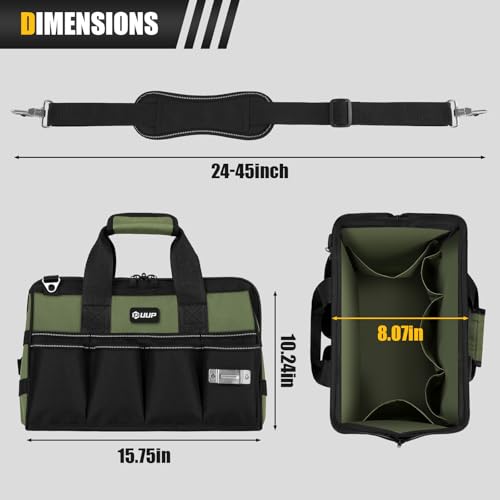 UUP Heavy Duty Tool Bag 15-Inch, 16-Pocket Portable Empty Tool Box Organizer, Big Storage Toolbox Organization, Soft Handle Large Zipper Carrying Toolbag, Father Day Gifts for Him Dad Men, Green