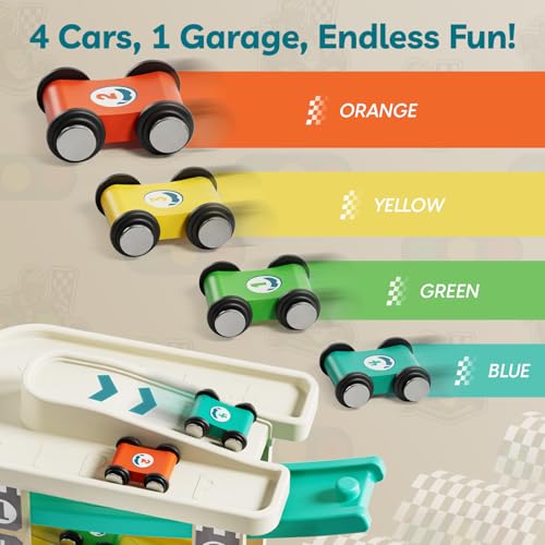TOP BRIGHT Toddler Toys for 2 Year Old Boy, Wooden Car Ramp Race Track Set, Car Toys for Toddlers 1-3 with Cars and a Garage, Montessori Toys for 12 Year Old Boy Girl,Birthday Gift for Age 18+ Month