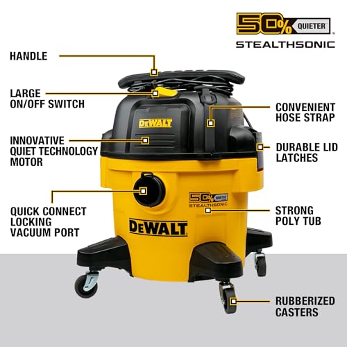 DEWALT 6-Gallon STEALTHSONIC Ultra Quiet Poly Shop Vacuum Wet and Dry with 6 Dust Bags, 5 Peak HP Noise Reduction Wet/Dry Vac for Jobsite, Workshop, and Garage, DXV06P-QTB
