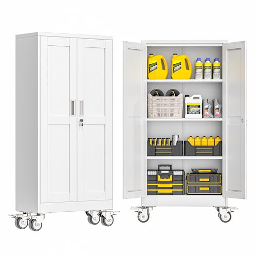 GAIOUS Metal Garage Storage Cabinet with Lock, 61” Tall Lockable File Cabinet with Wheels, Steel Tool Cabinet with 2 Door and 3 Adjustable Shelves, Rolling Cabinet for Home Office Garage Gym - White