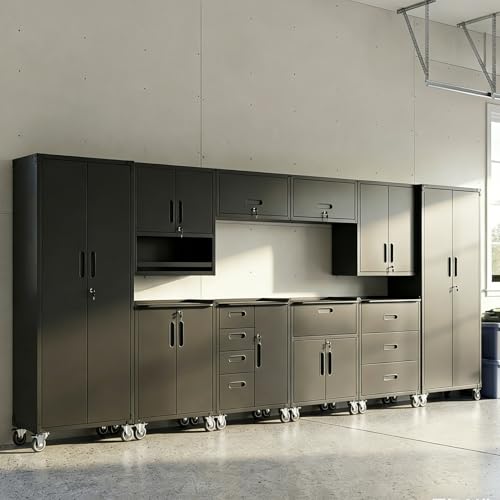 VIYET 10-Piece Heavy Duty Steel Garage Cabinet System | All-in-One Modular Garage Cabinet Set for Ultimate Workshop Organization | Easy Assembly Garage Storage Cabinets & Tool Bench (Black)