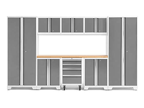 NewAge Products Bold Series White 9 Piece Set, Garage Cabinets, White with Bamboo Worktop, 54992
