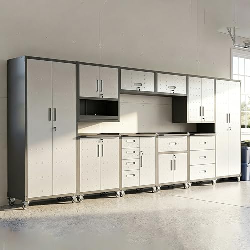 VIYET 10-Piece Heavy Duty Steel Garage Cabinet System | All-in-One Modular Garage Cabinet Set for Ultimate Workshop Organization | Easy Assembly Garage Storage Cabinets & Tool Bench