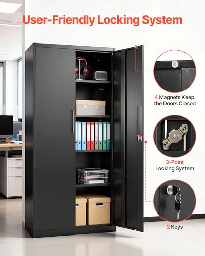 VEVOR Metal Storage Cabinet, Lockable Steel Garage Cabinet with Magnetic Doors and Adjustable Shelves, 2 Keys, 5-Tiers Tall Tool Locker for Home, Office, School, Pantry, Warehouse, Laundry, Black