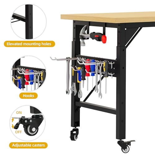 DWVO 60" Adjustable Workbench on Wheels, Garage Tool Work Bench with Outlets & Wheels, Heavy-Duty 1600 LBS Load Capacity Work Table for Workshop, Office, Home, or Outdoor Use
