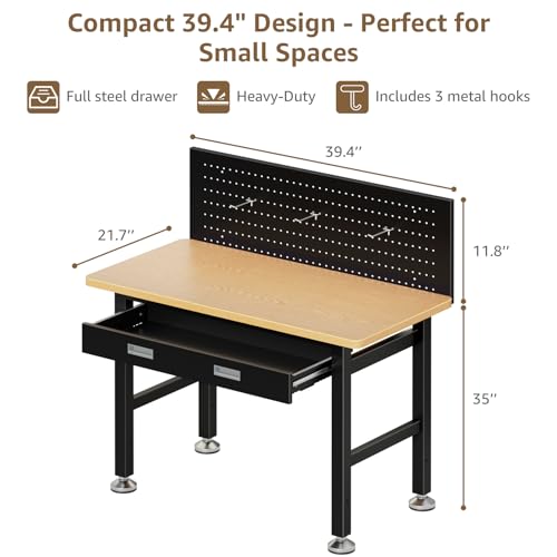 IGERI 39.4" Workbench with Drawer and Pegboard - Heavy Duty Steel Garage Work Table, Small Tool Bench for Workshop, Woodworking, Crafting & Repair