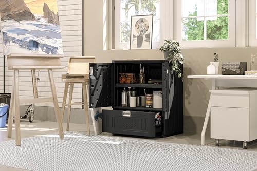 Suncast Base Storage Cabinet with Drawer for Garage Organization - Lockable Single-Drawer Organizer with Shelf for Garden Supplies, Paint Cans & Outdoor Tools, Multi-Wall Resin Construction, Black