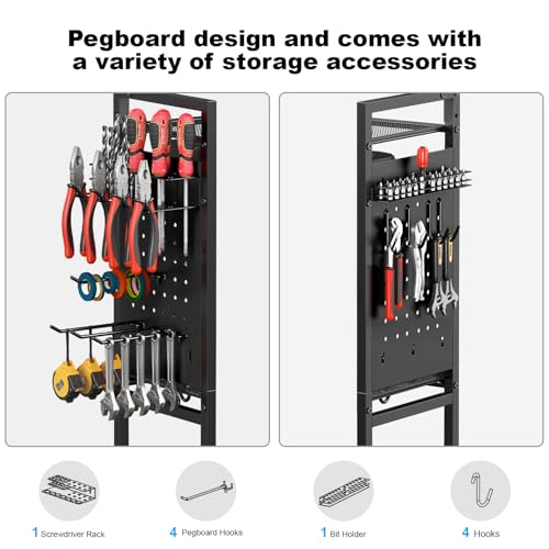 CCCEI Garage Power Tools Organizer Cart with Charging Station, Black Floor Standing Rolling Drill and Tools Battery Storage Cart on Wheels. Utility Rack Gift for Men, Husband, Father.