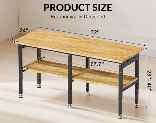 MUWOOD 72”Heavy Duty Work Bench, 2-Layer Adjustable Workbench, 5000 LBS Capacity Work Bench with Power Outlet & Pegboard, Rubber Wood Work Table for Garage, Workshop, Office, Home