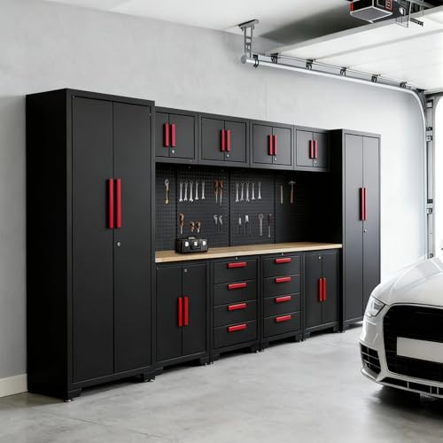 HPDMC Garage Storage Cabinet System - 2 * 6-Pcs Workshop Set with Steel Cabinet Drawers, Tool Chest, Workbench, Pegboard for Tool Organization