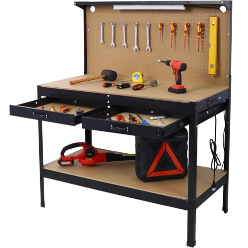 Heavy-Duty Steel Workbench with LED Light, 59'' Tool Storage Bench with Power Outlets & USB Ports, 200 lbs Capacity, Workbench with Pegboard & 2 Drawers for Garage or Workshop