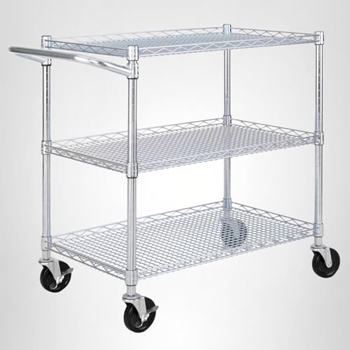 Seville Classics UltraDurable NSF Commercial Heavy Duty Metal Rolling Utility Cart, Handle Bar for Restaurant, Garage, Warehouse, Kitchen, Office, Deep Top Basket (34.8"W x 18.25"D)
