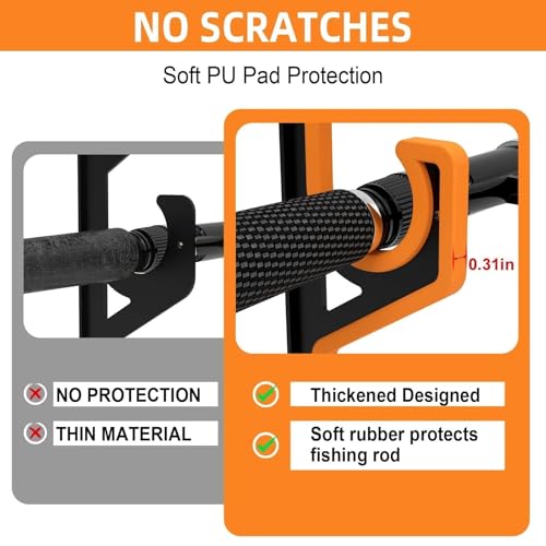 bruwaa 2 Pack Horizontal Fishing Rod Holders for Garage Wall & Ceiling, Anti-Scratch Soft PU Pad Rod Rack, Fishing Pole Storage Organizer Holds up to 10 Rod, Wall Mount Rod Keepers for Casting Rods