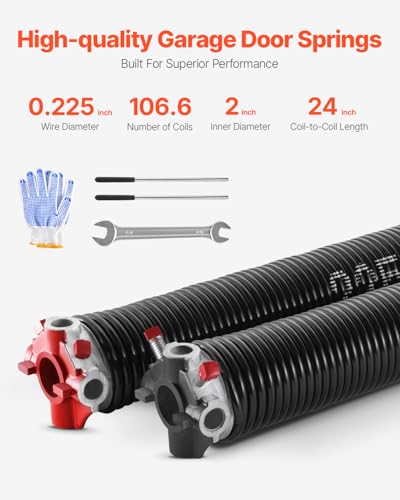 VEVOR Garage Door Torsion Springs, Pair of 0.225 x 2 x 24 in, 16000 Cycles, Electrophoresis Black Coated for Replacement, Garage Door Springs with Non-Slip Winding Bars, Gloves and Mounting Wrench