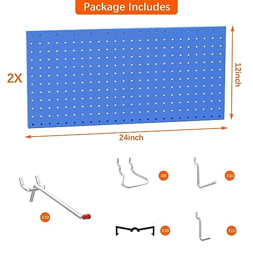 TORACK Metal Pegboard Wall Organizer 24" x 24" or 12" x 48", 70 PCS Tools Storage Pegboard for Garage Tool Organizer Pegboard with Peg Board Hooks for Workbench(Blue)