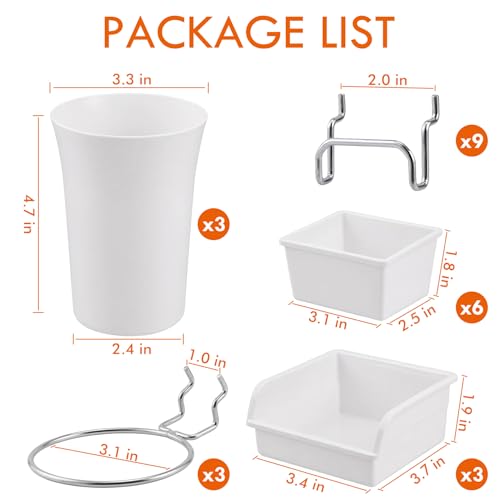 G.CORE 12 Pack Pegboard Bins & Cups with Hooks & Loops, Peg Board Hooks Assortment Organizer Accessory, Various Tools Storage Arrange Kit for Garage Craft Workshop Workbench Hobby Office (White)