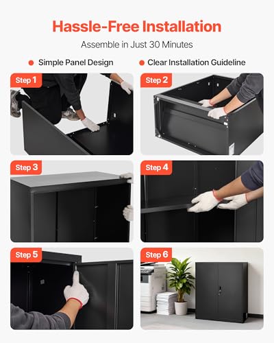 VEVOR Metal Storage Cabinet, 41.7 in Steel Garage Cabinet with 2 Adjustable Shelves, 2 Magnetic Doors & 2 Keys, 3 Tiers Lockable Tool Storage for Pantry, Warehouse, Basement, Office, Black