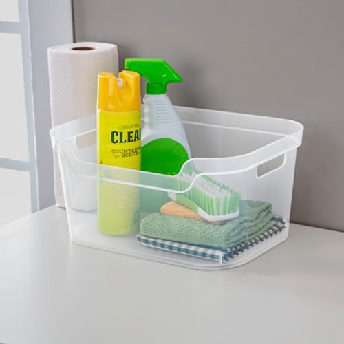 Sterilite 7 x 11 x 14.25 Inch Polished Open Scoop Front Storage Bin with Comfortable Carry Through Handles for Household Organization, Clear (12 Pack)