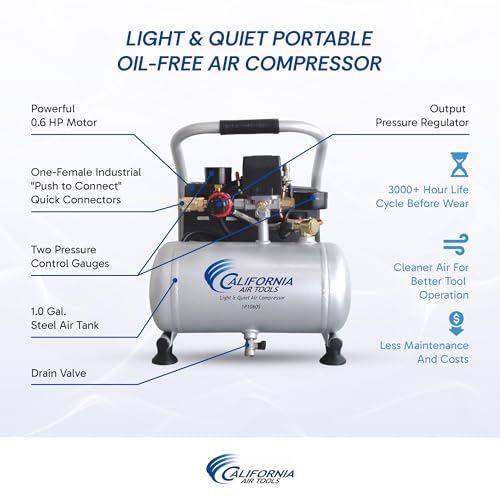 California Air Tools CAT-1P1060S Light & Quiet Portable Air Compressor, Lightweight, Ultra Quiet, Oil-Free, 1 Gallon Steel Tank, .6 HP, 56 dBA Noise Level, Silver