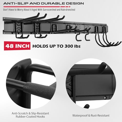 SEDY 48" Heavy Duty Garage Wall Organizer, Wall Mount Tool Storage Rack with Adjustable Hooks, Garden Tool Organizer Hold Up to 300lbs, Easy Installation (3 Panels, 8 Hooks, 3 Straps)
