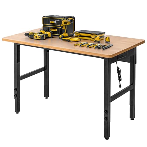 48" Adjustable Workbench with Power Outlets, Work Table for Garage, 2000 LBS Capacity Hardwood Work Bench, Heavy Duty Table for Workshop, Office, Garage, Home