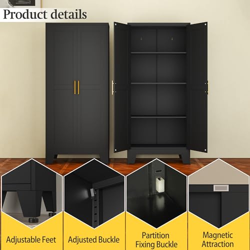RISTERN Black Metal Storage Cabinet, 61" Steel Cabinets for Home Office, Kitchen Pantry Storage Cabinet with Doors and 3 Adjustable Shelves, Metal Tool Cabinet, for Office, Home, Garage, School