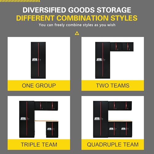 S.Walt Pre-Assembled Garage Storage Cabinet System, No Assembly Required, 6-Piece Workshop Cabinet Set in Black & Red with LED Lights, Wood Worktop, Key Locks, Adjustable Doors and Legs