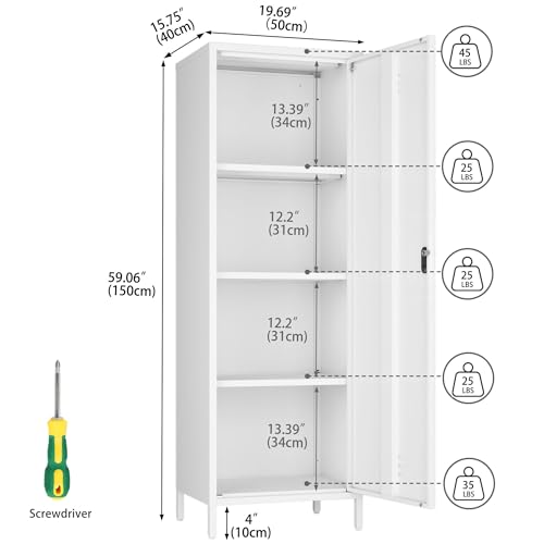 Steehoom Metal Locker Cabinet with Lock, Lockable Steel File Locker with Door and 3 Adjustable Narrow Storage Cabinet Shelves for Living Room, School, Pantry, Garage, Office (White, H59.06'')