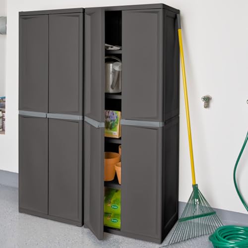 Sterilite 5 Shelf Plastic Storage Unit Bundled with Easy to Assemble Storage Cabinet for Garage, Pantry & Kitchen Organization, 4 Shelves, Gray