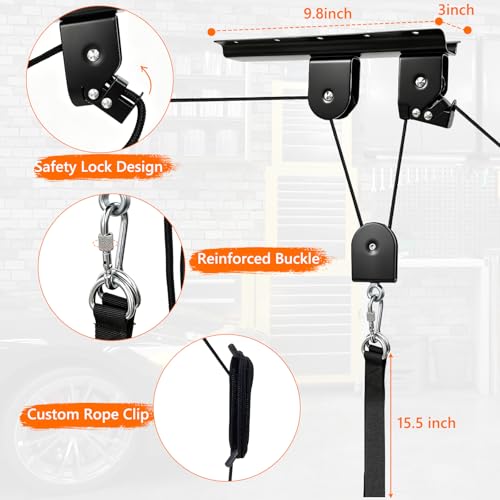 NYFITY Bike Hoist,Ceiling Mount Bike Hanger,Heavy Duty Bike Hangers for Garage,Bike Pulley System for Garage,Holds Up to 100 lbs,Ceiling Bike Hanger for Ebike,Road Bike,Fat Tire,Snowboard(2 Pack)