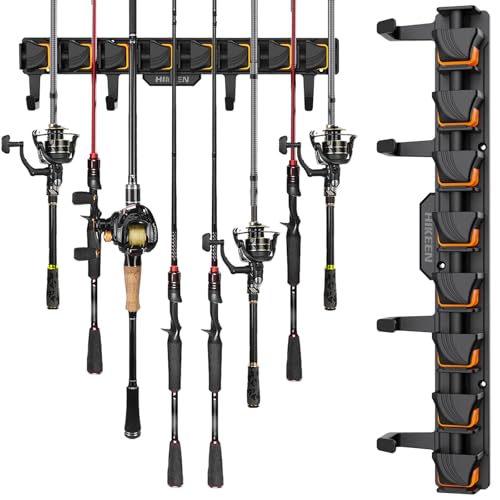 Hikeen Fishing Rod Holders, Wall Mounted Fishing Rod Rack, Fishing Pole Holder Holds Up to 8 Rods or Combos, Fishing Rod Holders for Garage with 4 Hooks, Fits Most Rods of Diameter 3-24mm(1Pack)